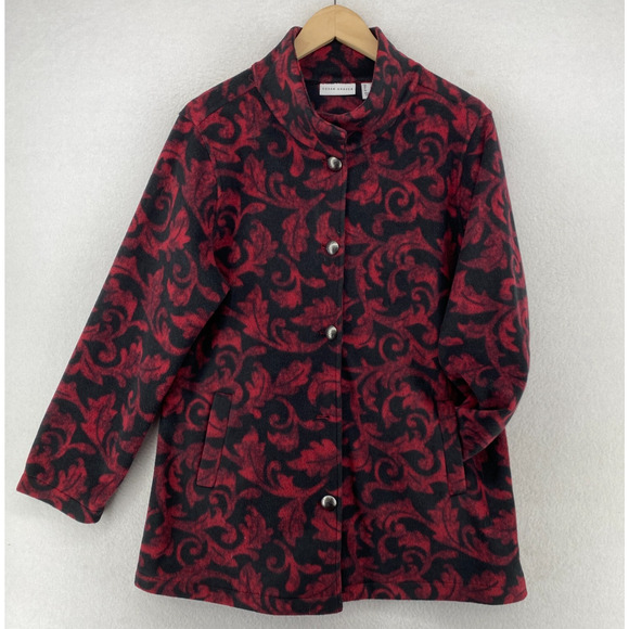 SUSAN GRAVER Jacket M Baroque Floral Fleece Blazer Button Front Red Black - Picture 1 of 14